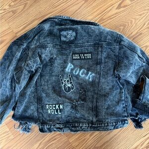 Black Distressed oversized Denim Jacket with Rock Graphics